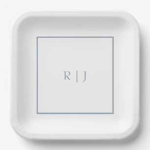 Assiettes En Carton Initiales de monogramme bleu poussiéreux Mariage s