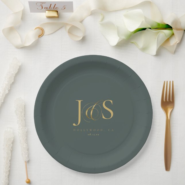 Assiettes En Carton Initiales Mariage Elegance Simple ID1022 vert (Mariage)