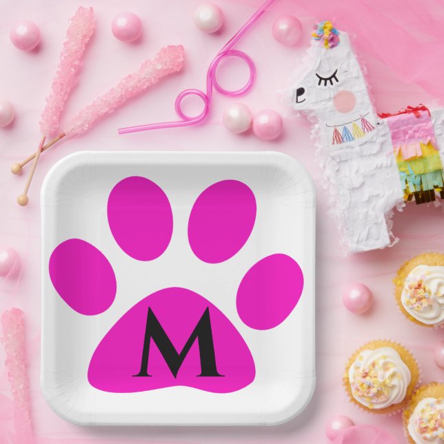 Assiettes En Carton Initiales Monogrammes Empreintes de pattes Rose Bl (Fête)