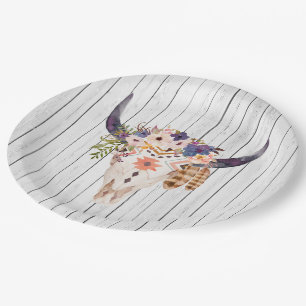 Assiettes En Carton Inscriptions tribales et fleurs de crâne de vache