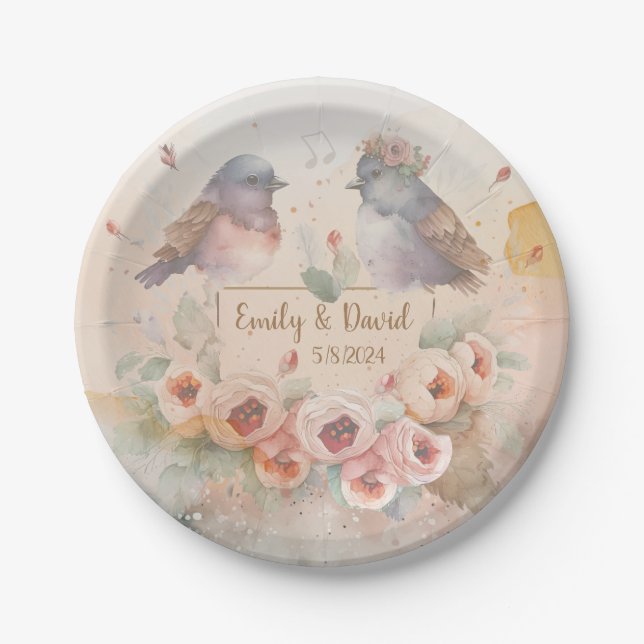 Assiettes En Carton Inséparables aquarelle avec roses pour mariage (Devant)