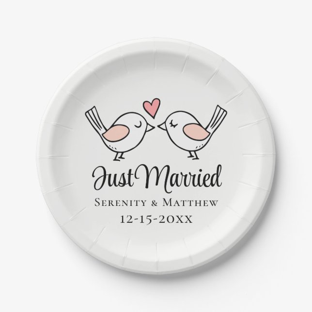 Assiettes En Carton Inséparables Lovebirds roses juste marié Mariage (Devant)