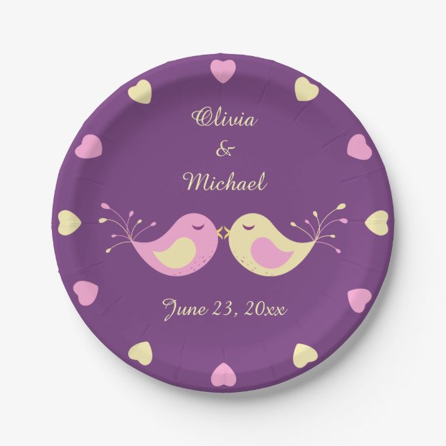 Assiettes En Carton Inséparables violets jaunes personnalisés (Devant)