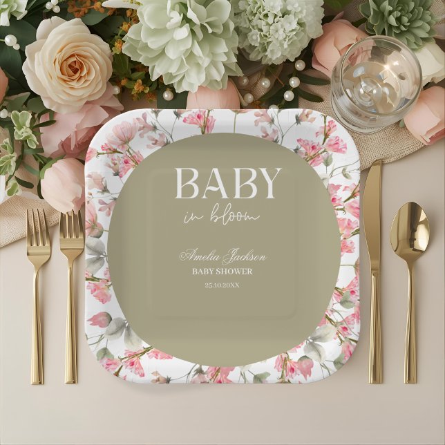 Assiettes En Carton Invitation Baby shower Sage Green Baby Bloom (Créateur téléchargé)
