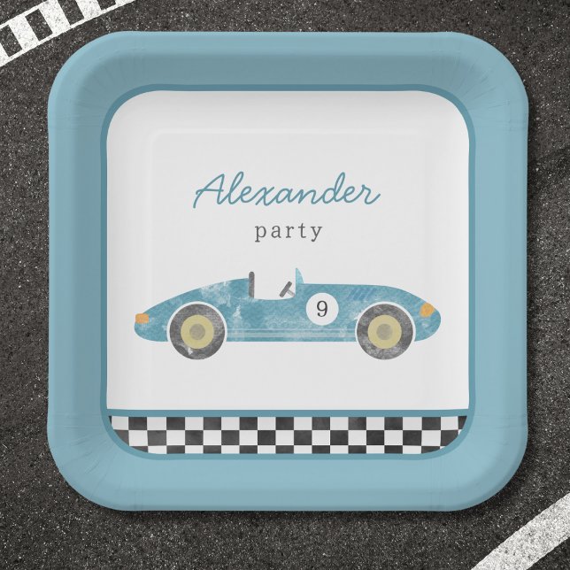 Assiettes En Carton Invitation d'anniversaire de voiture de course ble (Créateur téléchargé)