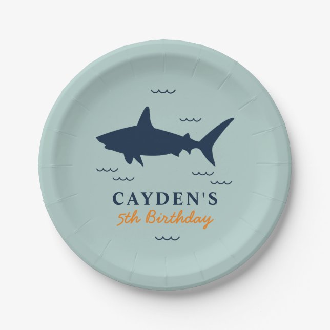 Assiettes En Carton Invitation de fête d'anniversaire de requin (Devant)