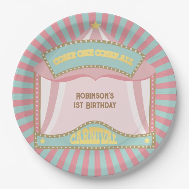 Assiettes En Carton Invitations d'anniversaire du carnaval rose Retro (Devant)
