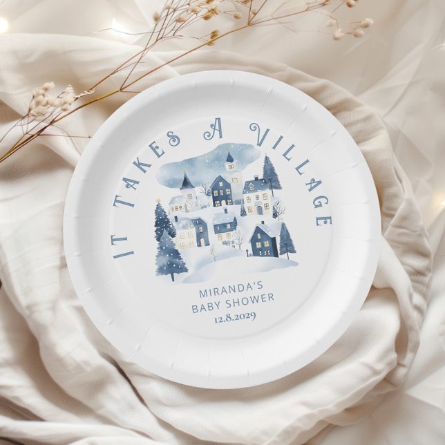 Assiettes En Carton It takes a Village Winter Night Snow Baby Shower (Créateur téléchargé)