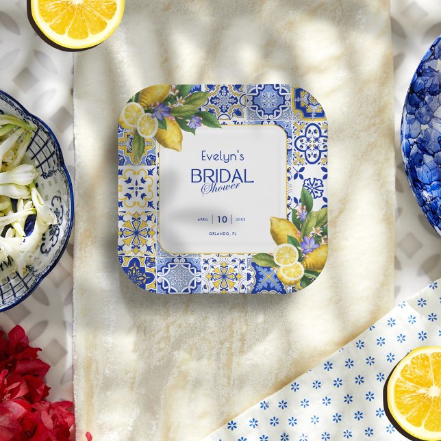 Assiettes En Carton Italian Mosaic Blue Tile Lemons Bridal Shower (Créateur téléchargé)
