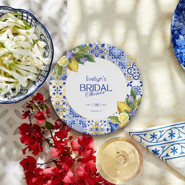 Assiettes En Carton Italian Mosaic Blue Tile Lemons Bridal Shower (Créateur téléchargé)