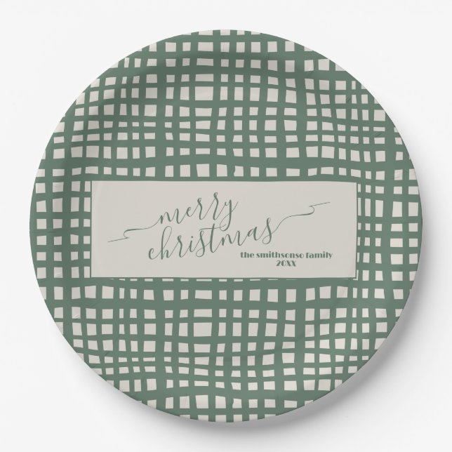 Assiettes En Carton Ivory and sage green checkered Christmas (Devant)