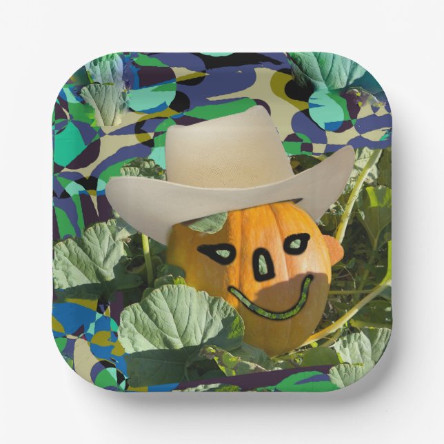 Assiettes En Carton Jack-o-lanterne citrouille cowboy casquette Hallow (Recto)