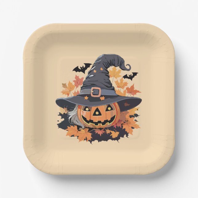 Assiettes En Carton Jack-o-lanterne en sorcière Casquette Halloween (Recto)