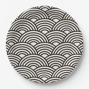 Assiettes En Carton Japon Vague Seigaiha Noir Et Crème Blanc