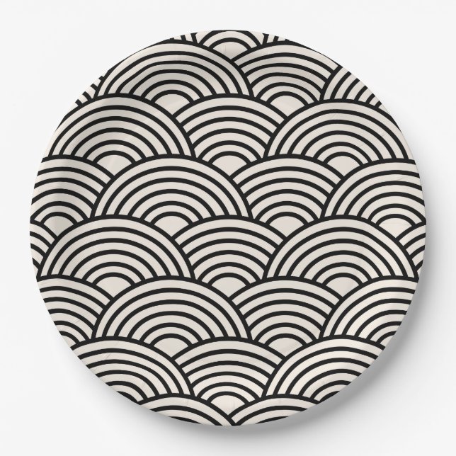 Assiettes En Carton Japon Vague Seigaiha Noir Et Crème Blanc (Devant)