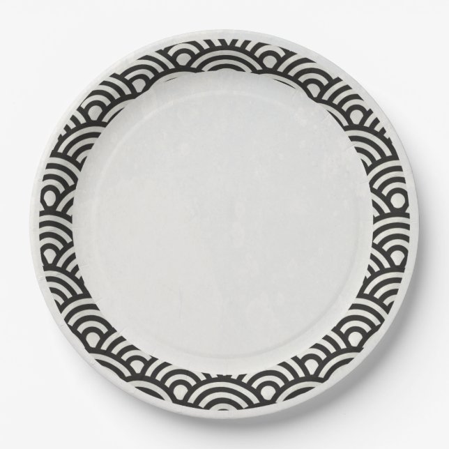 Assiettes En Carton Japonaise Seigaiha Vagues Élégante Noir + Blanc (Devant)