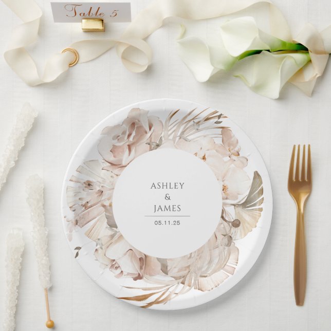 Assiettes En Carton Jardin botanique fleuri beige mariage (Mariage)