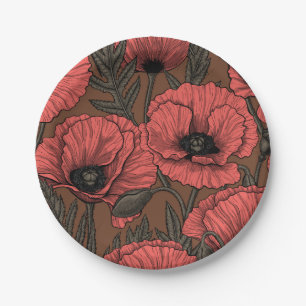 Assiettes En Carton Jardin de coquelicot dans le corail et brun