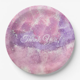 Assiettes En Carton Jardin de Fées Magique Aquarelle Rose Violet Merci