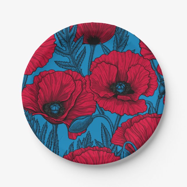 Assiettes En Carton Jardin de pavot rouge sur bleu (Devant)