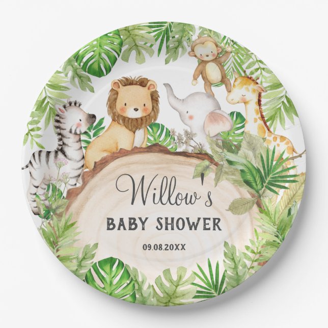 Assiettes En Carton Jardin de verdure Animaux de la Jungle Baby shower (Devant)