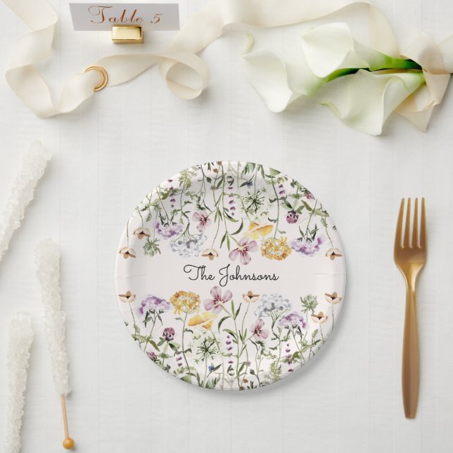 Assiettes En Carton Jardin Fleur sauvage de nom personnalisé (Mariage)