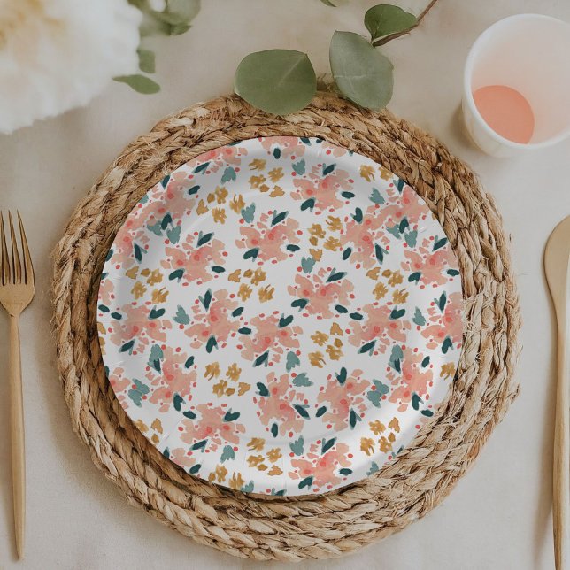 Assiettes En Carton Jardin Floral Aquarelle Rose (Pink watercolor floral garden baby or bridal shower paper plates.)
