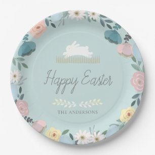 Assiettes En Carton Jardin Floral Oeufs de lapin de Pâques Bleu