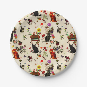 Assiettes En Carton Jardin floral Vintage Orange Black Cats