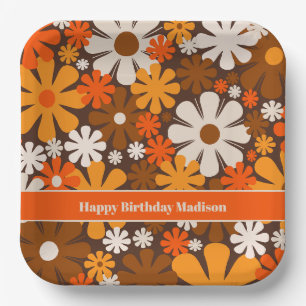 Assiettes En Carton Jardin Rétro Années 70 60 Motif Floral Marron et O