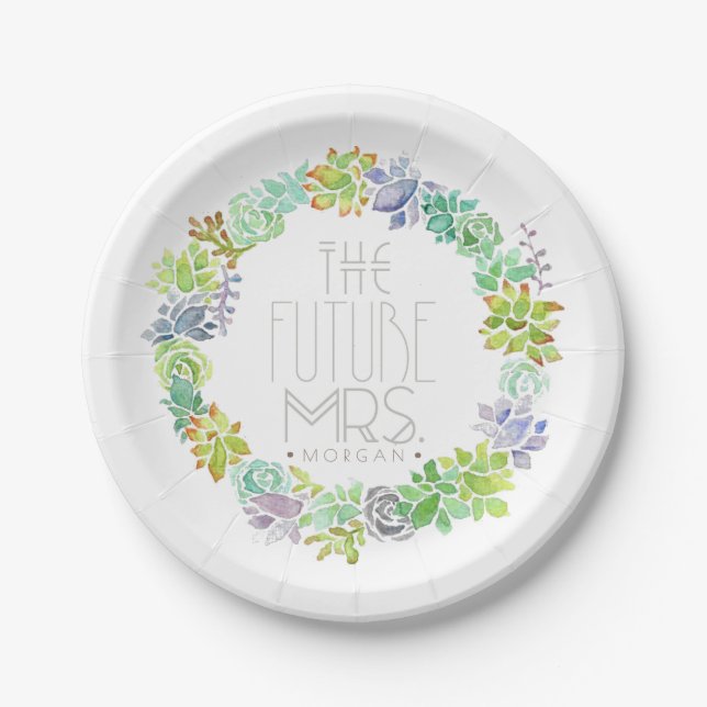 Assiettes En Carton Jardin Succulent | Fête des mariées aquarelle (Devant)