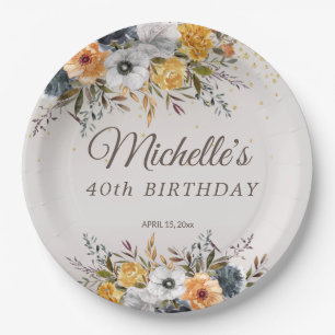 Assiettes En Carton Jaune Bleu Marine Floral Glitter 40e Anniversaire 