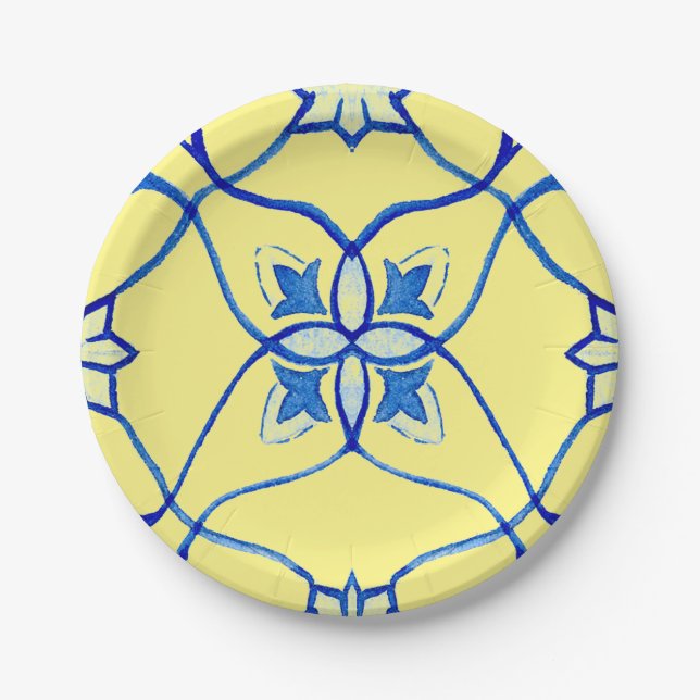 Assiettes En Carton Jaune & Bleu Méditerranée ronde (Devant)