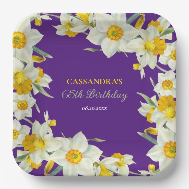 Assiettes En Carton Jaune Chic Blanc Daffodique Floral Purple Annivers (Recto)