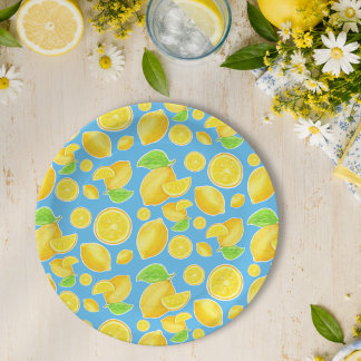 Assiettes En Carton Jaune citron enjoué et motif citrus bleu