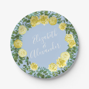 Assiettes En Carton Jaune clair et bleu pâle Rose Mariage floral