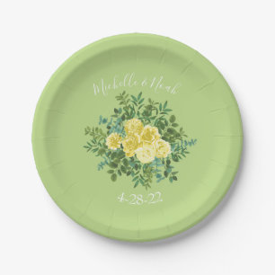 Assiettes En Carton Jaune clair et vert pâle Rose Mariage floral