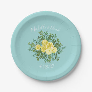 Assiettes En Carton Jaune et Aqua Vintage Ressort Mariage Floral