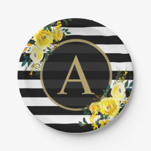 Assiettes En Carton JAUNE FLORAL OR Monogramme noir blanc rayé