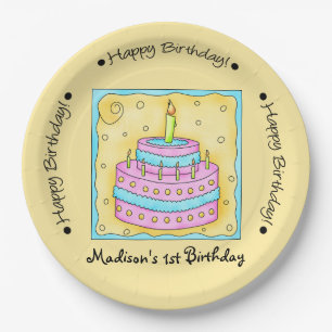 Assiettes En Carton Jaune Joyeux 1er Anniversaire Nom du gâteau Person