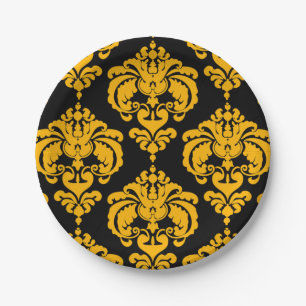 Assiettes En Carton Jaune Noir Damas Vintage Mariage Evénement Fête