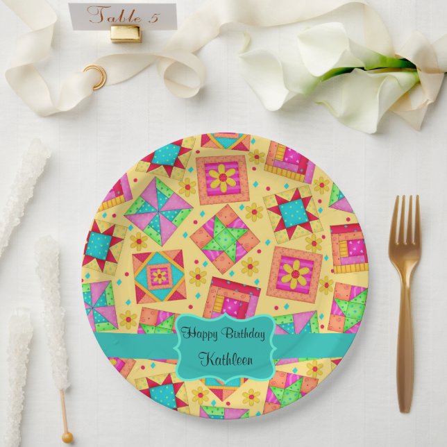 Assiettes En Carton Jaune Patchwork Quilt Nom du bloc Joyeux anniversa (Mariage)