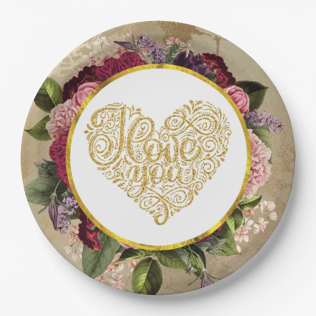 Assiettes En Carton Je T'Aime Fancy Golden Ornate Heart (Devant)