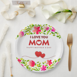 Assiettes En Carton "Je t'aime Maman" Bonne Fête des Mères Floral