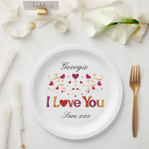 Assiettes En Carton JE VOUS AIME Red Heart Gold Ribbon Valentine Maria