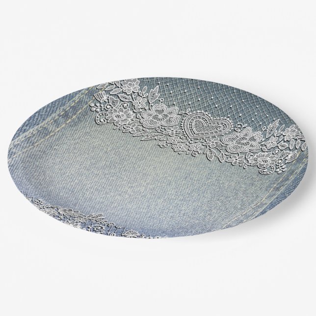 Assiettes En Carton Jean en Denim Bleu & Broderie Cardiaque Blanche po (Angle)