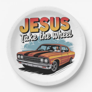 Assiettes En Carton Jesus Prend le Volant Voiture Musclée Vintage