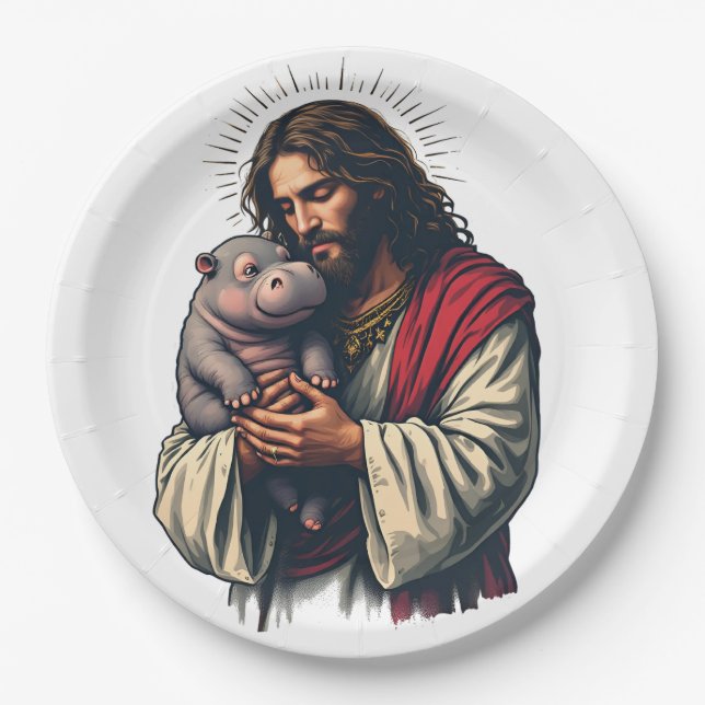 Assiettes En Carton Jésus tenant un bébé Moo Deng Hippo (Devant)