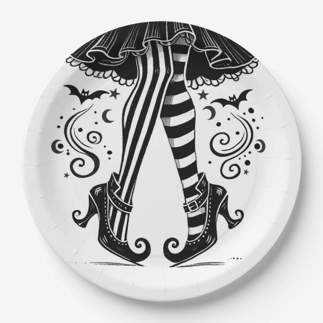 Assiettes En Carton Jeu d'Halloween blanc et noir (Devant)