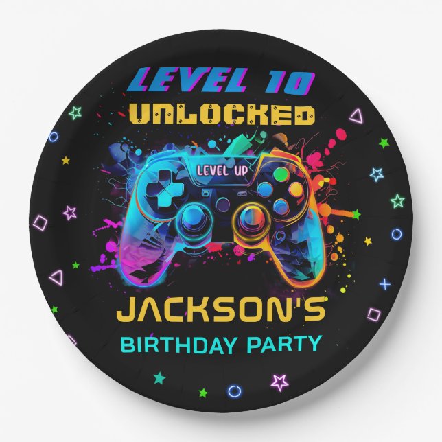 Assiettes En Carton Jeu Sur Vidéo Niveau De Jeu Jusqu'Anniversaire Fêt (Devant)